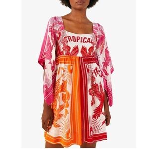 Farm Rio Dress Tropical Dream Caftan Mini in Pink Orange
